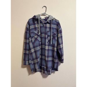 Altar'd State Plaid Long Sleeve Hoodie - Blue and Gray